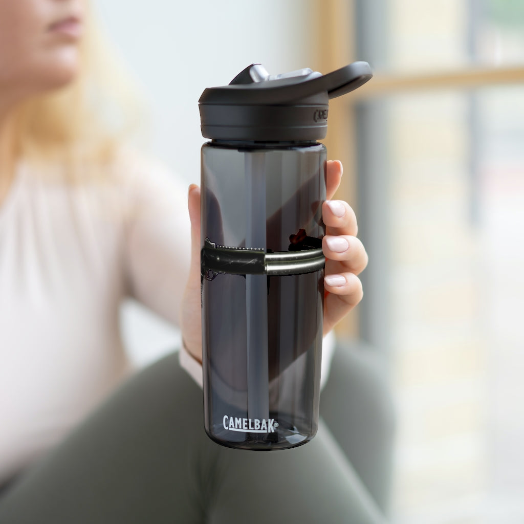 CamelBak Eddy® Water Bottle in 20oz and 25oz sizes, made from durable Tritan™ material, featuring a spill-proof biting valve and easy-carry handle.